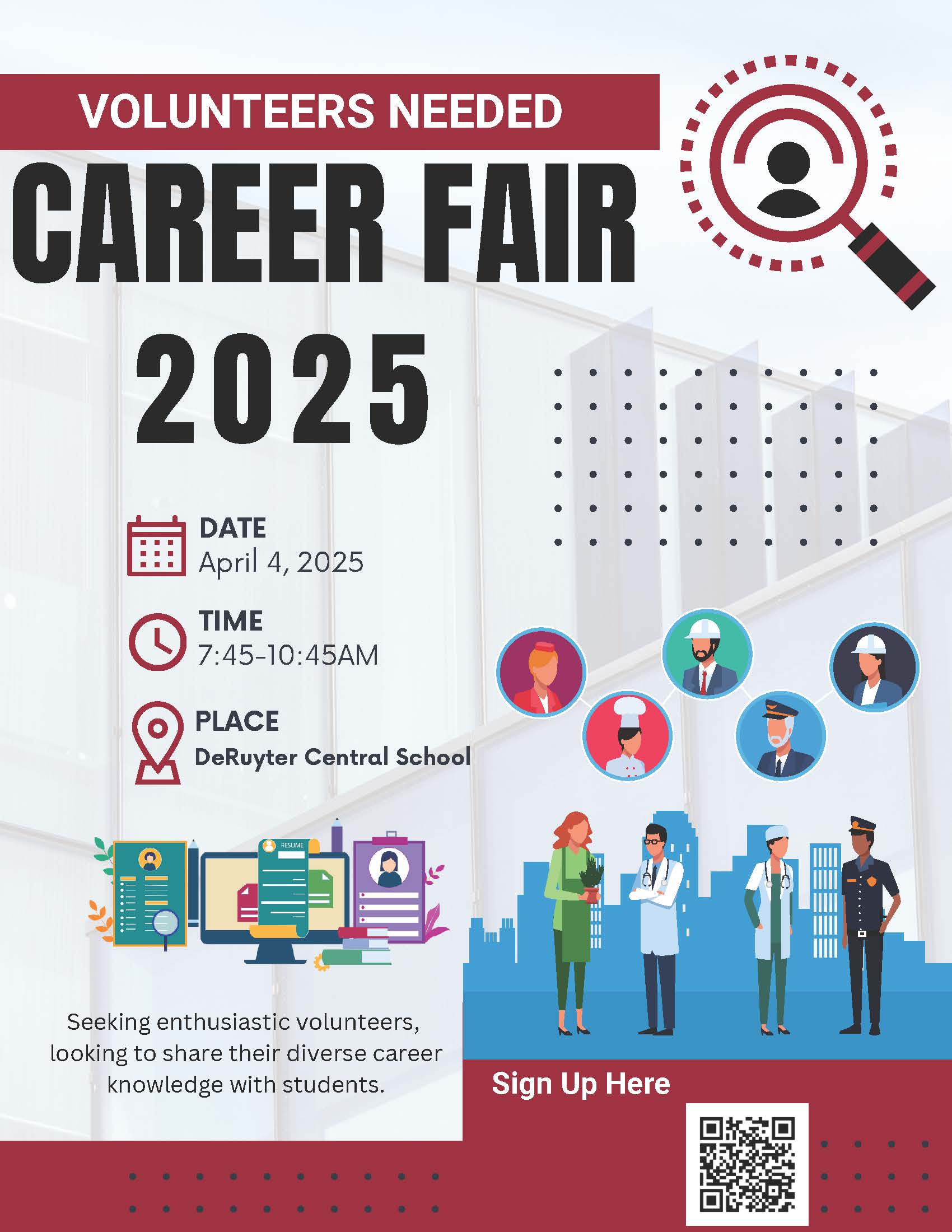 Flyer for a career fair asking for voluteers to present to students